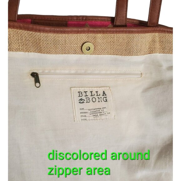 Billabong Boho Tote Beach Bag Southwest Purse Aztec Burlap Lined Hobo Tan Pink - Picture 9 of 16